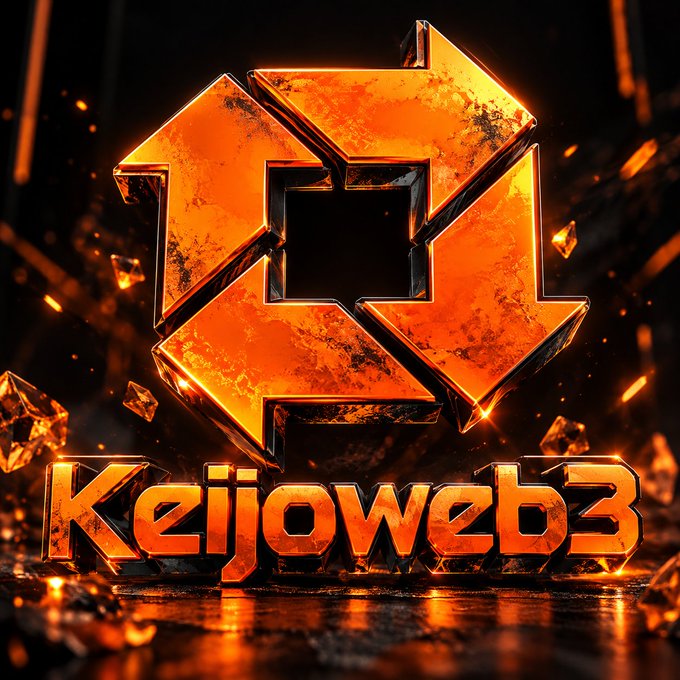 A stylized 3D logo featuring an orange, fiery geometric symbol above the text 'Keijoweb3' against a dark background with floating embers.