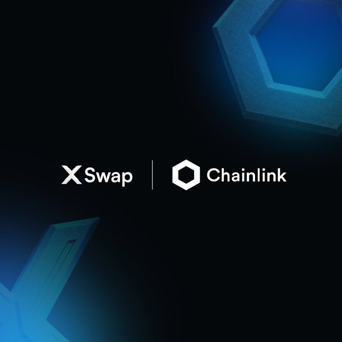 The image features a dark background with blue hexagonal shapes in the upper right and lower left corners, displaying the logos and text "XSwap" and "Chainlink" side by side, symbolizing the partnership mentioned in the post about building unified cross-chain DeFi infrastructure using Chainlink's CCIP technology.
