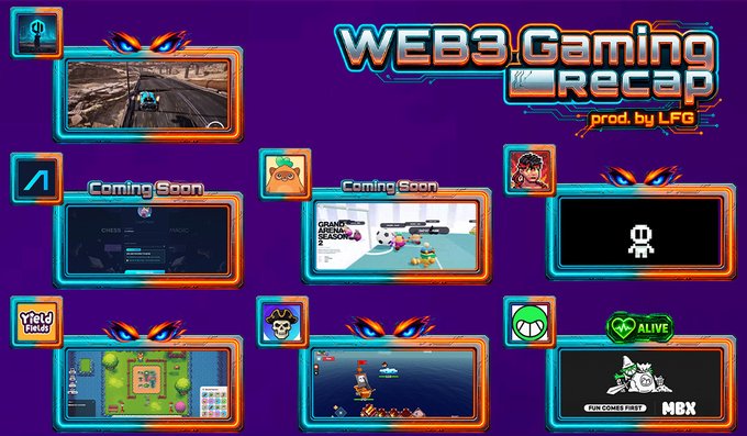A graphic titled "WEB3 Gaming Recap prod. by LFG" displays various video game thumbnails with logos and text including "Coming Soon", "Yield Games", "Alive", and "Run Comics First MBX".