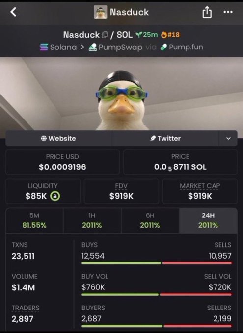 A trading interface showing the Nasduck token on Solana via PumpSwap and Pump.fun, priced at $0.0009196 with a market cap of $919K and 24H increase of 2011%.