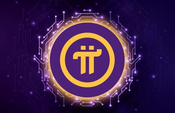 The image features a purple circle with a yellow "P" inside of it. The background is dark blue with white lines and dots scattered throughout, creating an abstract pattern that surrounds the circle. Below the circle, there's text that reads "If you're still holding $PI in June 2026, congratulations. You're either early... or you're a legend."