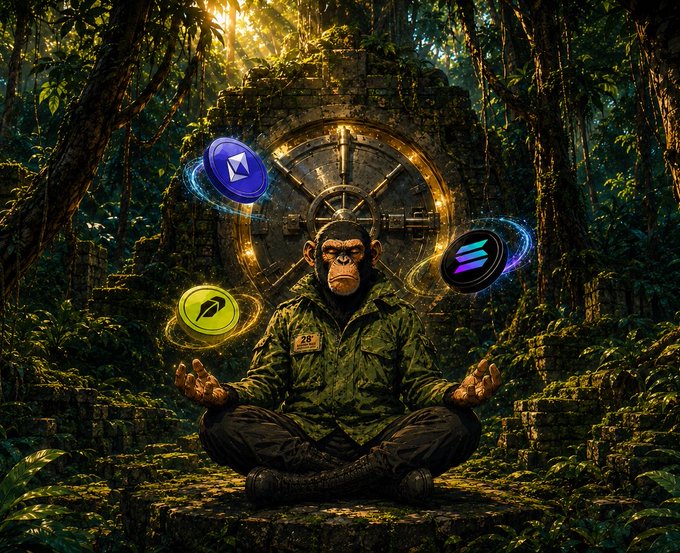 A chimpanzee meditates in a lotus position before an ancient jungle temple, channeling three glowing cryptocurrency orbs featuring Bitcoin, Ethereum, and Solana logos—symbolizing the "bull market" wisdom promoted by @TheVault_FnF.