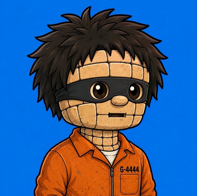 A cartoon illustration of a character with messy black hair wearing a black domino mask and an orange jumpsuit labeled G-4444 against a solid blue background.