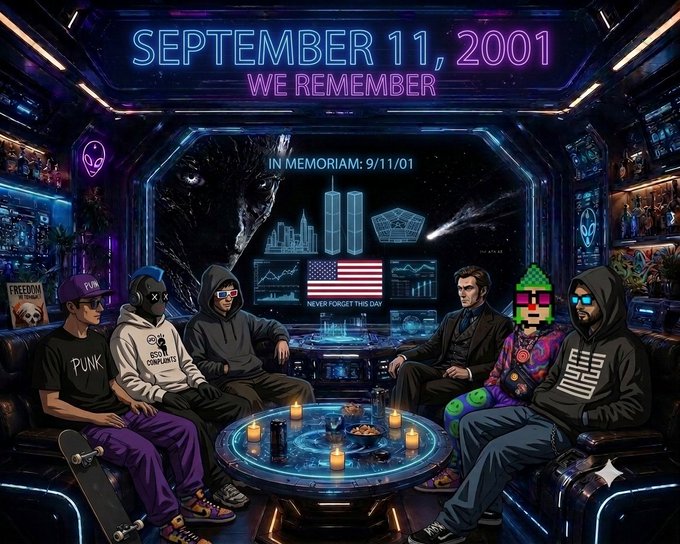 A neon-lit sci-fi room shows diverse figures gathered around a table with candles, with a screen displaying "SEPTEMBER 11, 2001 WE REMEMBER", "IN MEMORIAM: 9/11/01", and an American flag alongside the Twin Towers silhouette and "NEVER FORGET THIS DAY".