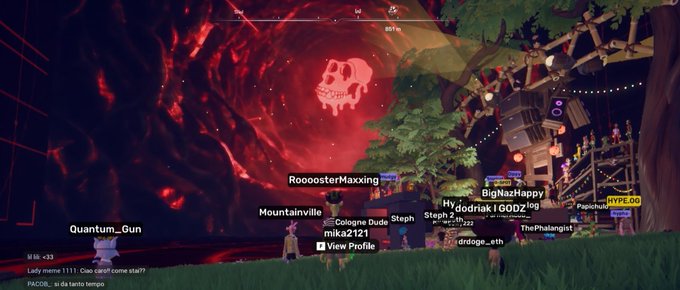 Another virtual world game screenshot showing players gathered near a spooky scene with a large skull in red lighting, with usernames including 'RoooosterMaxxing', 'Mountainville', 'Quantum_Gun', and 'BigNazHappy' visible.