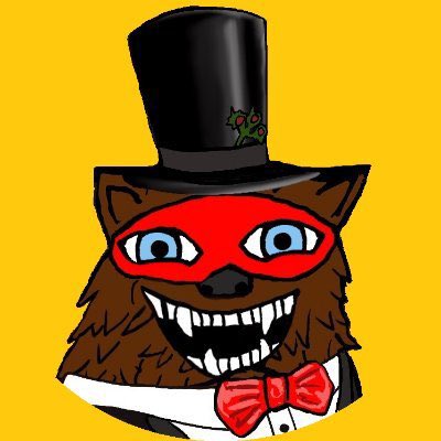 A cartoon illustration of a grinning brown werewolf or bear character wearing a red mask, top hat, and red bow tie against a yellow background.