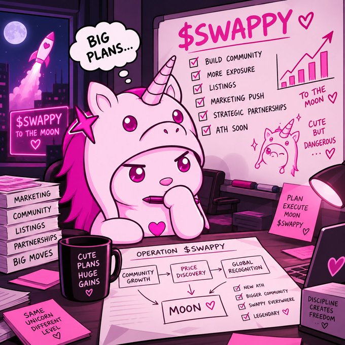 A pink-themed cartoon illustration featuring a unicorn-headed character planning '$SWAPPY' to the moon, with checklists for community, listings, marketing, and partnerships.