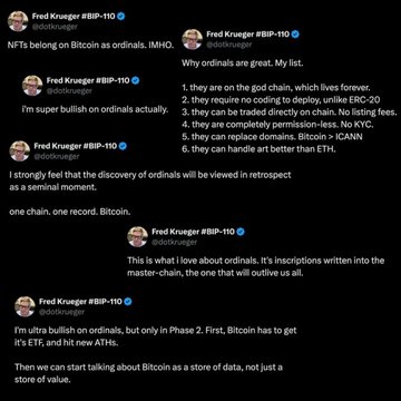 A series of tweets from Fred Krueger (@dotkrueger) discussing Bitcoin ordinals, calling them 'great' and explaining why he is 'super bullish' on them, describing them as inscriptions on the master-chain.