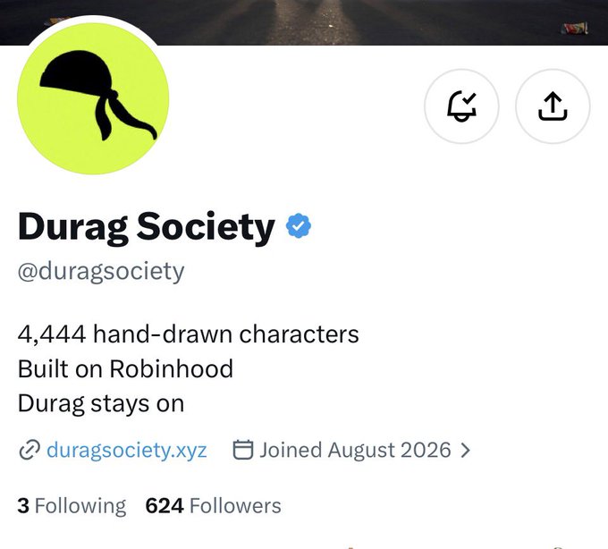 A profile page for 'Durag Society' (@duragsociety) with a yellow logo depicting a head with a durag, noting '4,444 hand-drawn characters Built on Robinhood' and 624 followers.