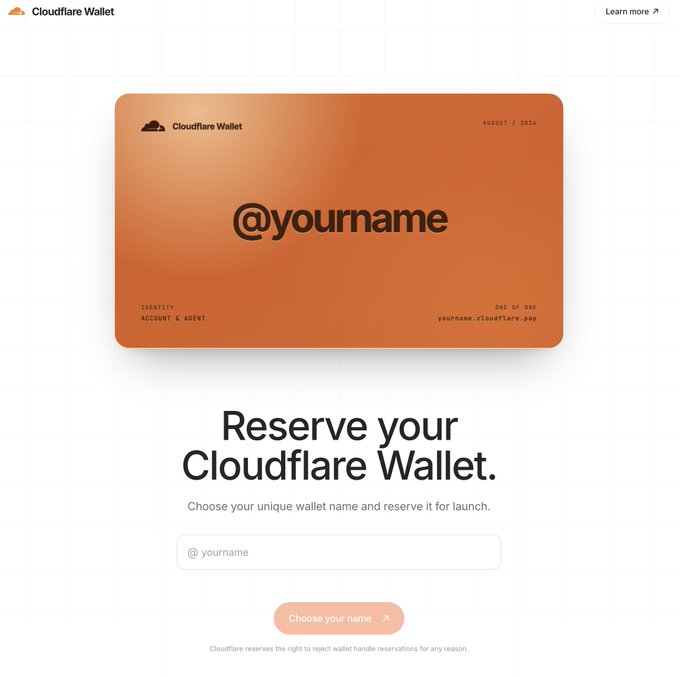 A Cloudflare Wallet reservation webpage with the heading 'Reserve your Cloudflare Wallet,' showing an orange card placeholder with '@yourname' and a form to choose a unique wallet name.