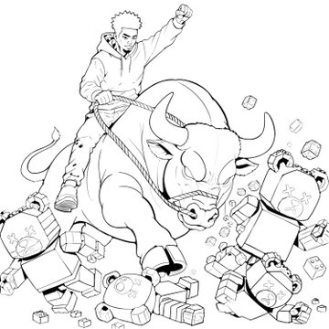 A black-and-white line drawing of a man triumphantly riding a large bull, charging through and crushing an army of robot-like figures and debris.