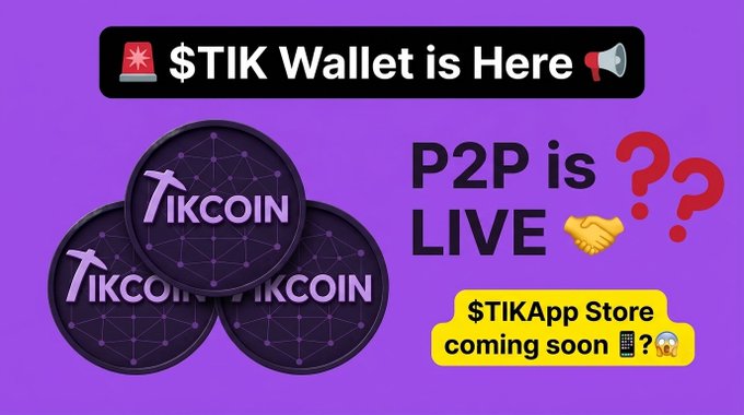 A promotional graphic for "$TIK Wallet" featuring three purple TIKCOIN coins against a purple background, with text announcing "P2P is LIVE?" and "$TIKApp Store coming soon," which visually supports the post's announcement of the wallet's limited rollout, active P2P trading, upcoming app store release, and security reminders.