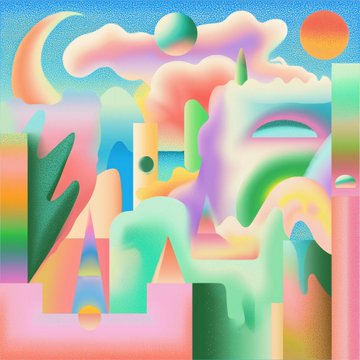 A vibrant abstract digital illustration depicting pastel-colored surreal landscapes, clouds, a crescent moon, and geometric structures.