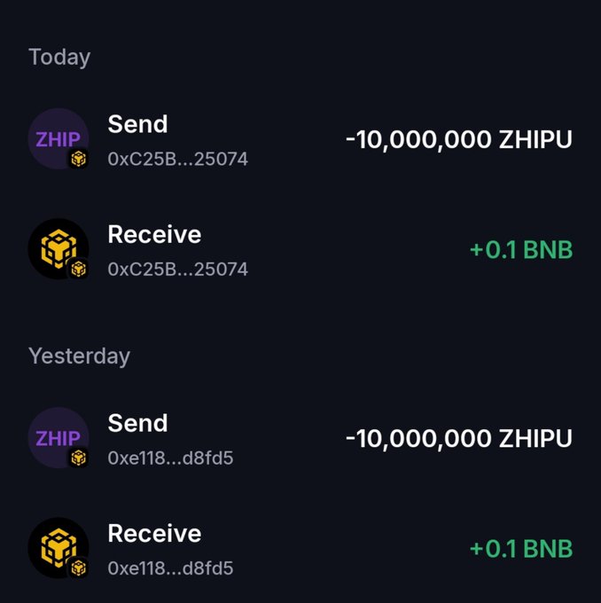 A cryptocurrency wallet transaction history showing two 'Send' transactions of -10,000,000 ZHIPU and corresponding 'Receive' transactions of +0.1 BNB on consecutive days.