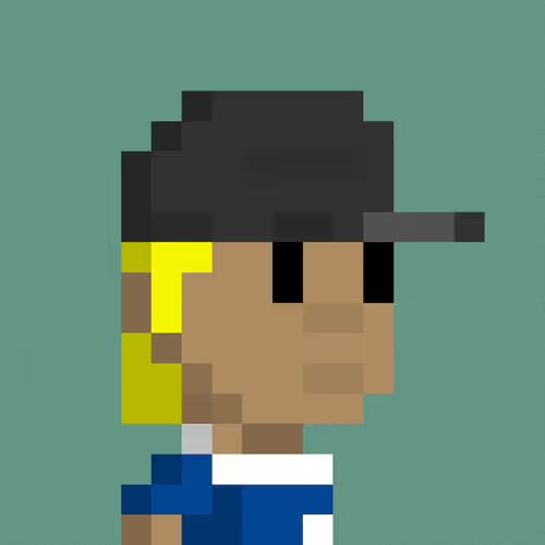 A pixel art illustration of a character with a black cap, dark skin, and a blue and white striped shirt against a teal background.