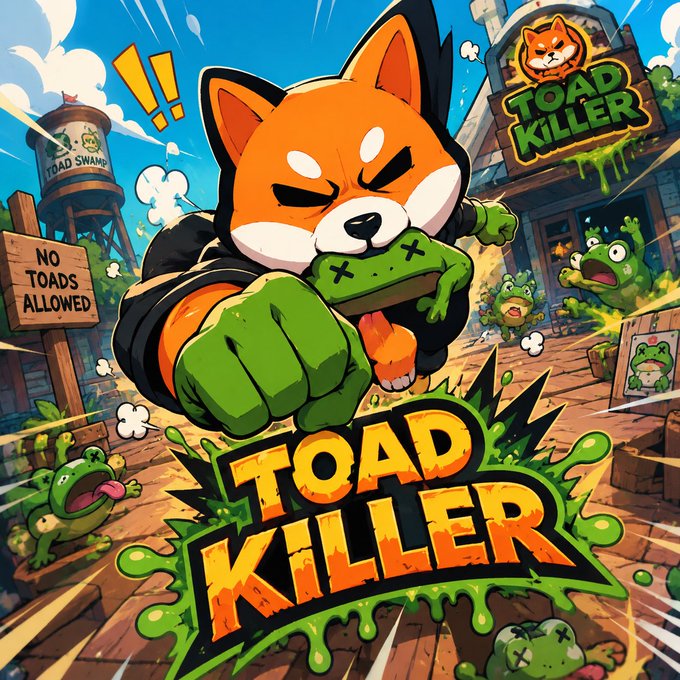 A vibrant, cartoon-style promotional image titled "TOAD KILLER" featuring an aggressive fox character punching a green toad, with a "NO TOADS ALLOWED" sign and a "TOAD SWAMP" water tower in the background.