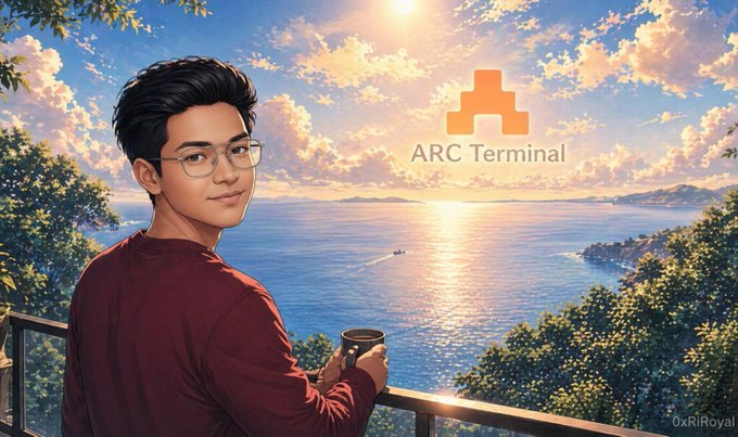 An AI-generated illustration of a young man with glasses holding a coffee mug, overlooking a sunset sea view, watermarked '0xRiRoyal' with an 'ARC Terminal' logo.