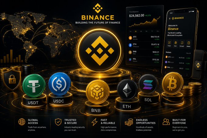 Binance cryptocurrency exchange promotional graphic displaying the BNB logo, a world map with connectivity lines, mobile app previews showing BTC at $58,725.45 and ETH at $3,472.18, and tokens including USDT, USDC, BNB, ETH, SOL.