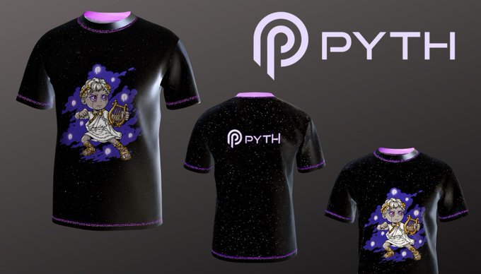 A black speckled t-shirt featuring a chibi-style oracle character holding a golden orb, with the "PYTH" logo displayed on the back, showcased alongside the Pyth Network branding. The design reflects the post's description of creating wearable Pyth-inspired merch featuring a "Pythian oracle" character meant to symbolize protecting price feeds.