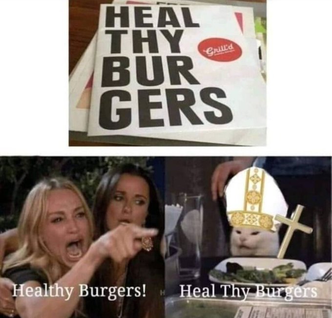 A Grimc's pizza box boldly declares "HEAL THY BURGERS" with an adjacent meme featuring the "Woman Yelling at Cat" template, humorously contrasting the shocked woman's reaction to "Healthy Burgers!" against the indifferent cat wearing a pope mitre interpreting it as "Heal Thy Burgers." The meme ties into the $WYAC post about memes boosting engagement through absurdist wordplay and visual contrast.