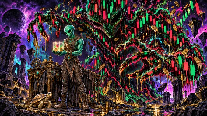 A surreal, vibrant digital artwork depicting a green-skinned figure holding a glowing cube, standing before a massive, dripping alien-like tree with red and green chart-like patterns, while a small turtle watches nearby.