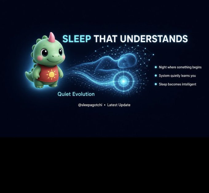 Promotional graphic featuring a green dinosaur mascot with the text 'SLEEP THAT UNDERSTANDS', 'Quiet Evolution', '@sleepagotchi • Latest Update', and bullet points about intelligent sleep features.
