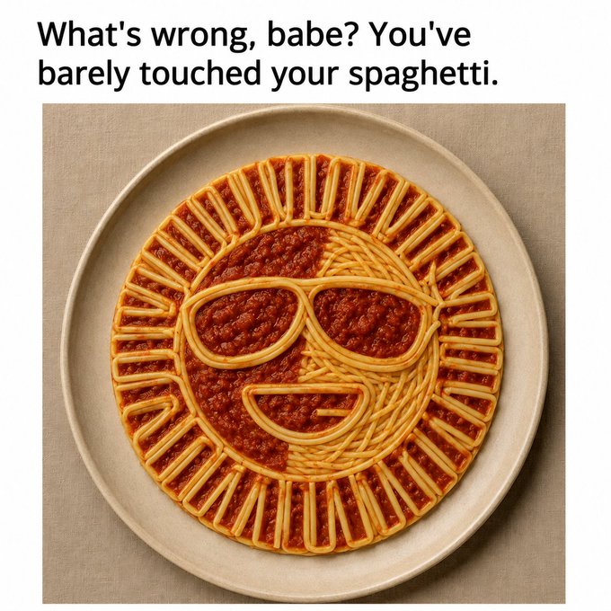The image shows a plate of spaghetti artfully arranged to depict a face wearing sunglasses, with the caption "What's wrong, babe? You've barely touched your spaghetti."

The post jokes that the spaghetti's lack of bites is because "SUN.io fed the dip," meaning the crypto project SUN.io has already "eaten" the dip—implying the user (or someone) bought up the price decline, so there's no dip left to "touch" (buy).