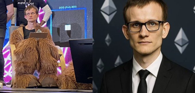 The image shows a side-by-side comparison of Vitalik Buterin, the Ethereum co-founder: on the left, a younger Buterin appears in a Chewbacca costume at what looks like a crypto conference ("DGG Italy #911"), while on the right, an older Buterin poses professionally in a suit against an Ethereum-branded backdrop—visually illustrating his maturation from a casual crypto figurehead in 2020 to a polished, institutional Ethereum leader in 2026.