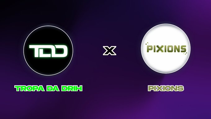 A promotional graphic announcing a collaboration between "TROPA DA BRIH" and "PIXIONS" with their logos displayed on a purple background.
