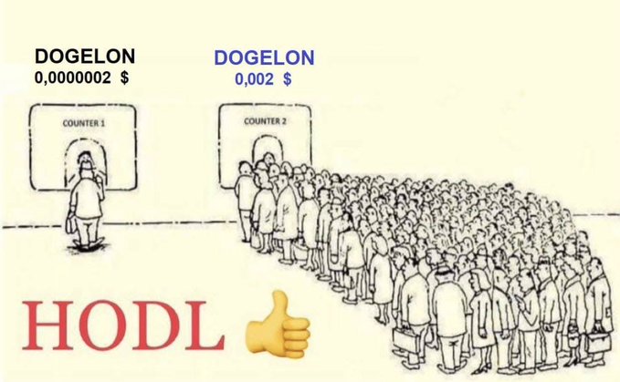 The image is a meme showing a sparse line at "COUNTER 1" (Dogelon at $0.000002) contrasted with a massive crowd at "COUNTER 2" (Dogelon at $0.002), with "HODL" and a thumbs-up displayed below. It humorously illustrates how Dogelon holders remain committed despite the token's dramatically lower price compared to its peak, suggesting that "$Elon to Buy" is the missing catalyst needed to trigger a massive rally similar to the depicted stampede.