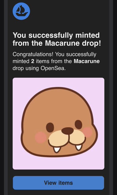 OpenSea confirmation notification that reads 'You successfully minted from the Macarune drop! Congratulations! You successfully minted 2 items from the Macarune drop using OpenSea,' featuring a cute brown otter illustration on a pink background and a blue 'View items' button.