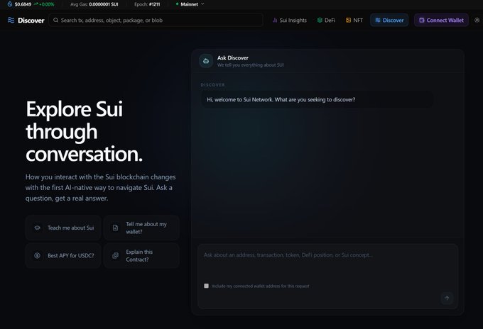 A screenshot of a dark-themed website interface for "Discover", described as an AI-native way to explore the Sui blockchain, with options to ask questions via a chat window.