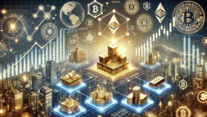 A digital collage featuring cryptocurrency imagery, including Bitcoin and Ethereum logos, gold bars, coins, and glowing charts overlaid on a cityscape, with partially visible text reading 'REALWORLD ASSETS' and 'BLACKROCK'.