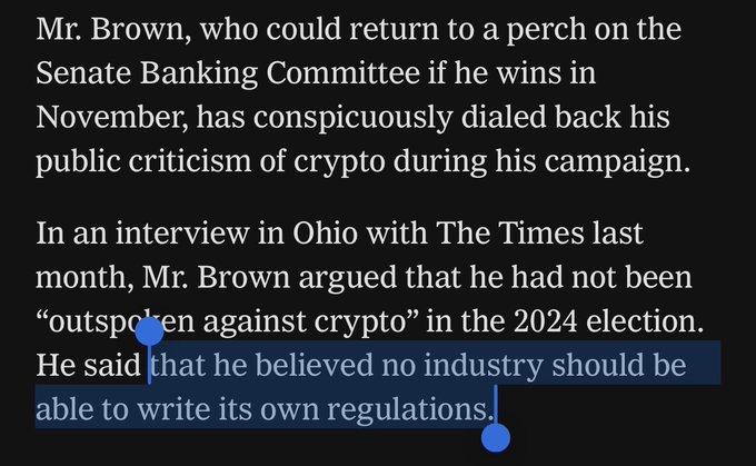 The image shows a highlighted text excerpt from a news article stating that Senator Sherrod Brown has "conspicuously dialed back his public criticism of crypto during his campaign," noting he "believed no industry should be able to write its own regulations." The selection supports the post's observation that the cryptocurrency industry appears to have shifted toward Republican alignment, as Brown, a Democratic incumbent, softened his stance during his 2024 re-election campaign.
