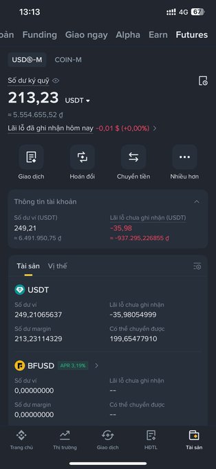 A Vietnamese Binance futures trading app screenshot showing USDT-M account details with a total estimated value of 213.23 USDT (≈ 5,554,655.52 đ), unrealized PNL of -35.98 USDT, and account assets including USDT and BFUSD.