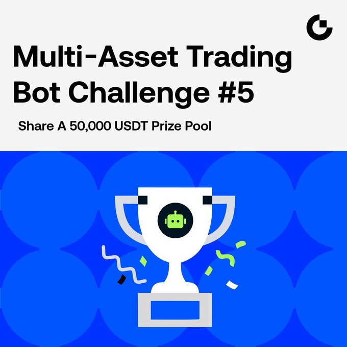 The image features an advertisement for a multi-asset trading bot challenge called "Multi-Asset Trading Bot Challenge #5". The background of the image is blue, with white text that reads "Multi-Assets Trading Bot Challenge #5 Share A 50,000 USDT Prize Pool". There are also green circles scattered throughout the image.