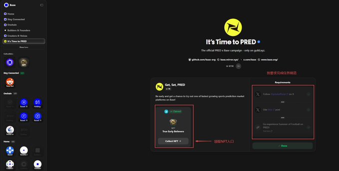 The image presents a view of an online game with a focus on social gaming elements such as guilds, NFTs, and time-based features like "It's Time to PRED". The main point of interest seems to be the guild area where users can interact with each other or join existing ones. There are two active guilds in this image, one located in the upper left corner and another at the bottom center. 

The user interface also displays a section titled "Base Guild", suggesting that the game is specifically designed for players to engage within a virtual world based on different themes such as the one named here. The background of the image features various colors, indicating the different aspects of gameplay and interactions in the online space.