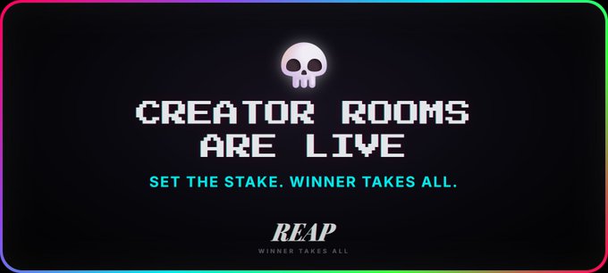 A neon‑bordered graphic declares “CREATOR ROOMS ARE LIVE” on REAP with the tagline “SET THE STAKE. WINNER TAKES ALL,” matching the post’s announcement of live SOL creator rooms where users can set their own stakes and play publicly or privately.