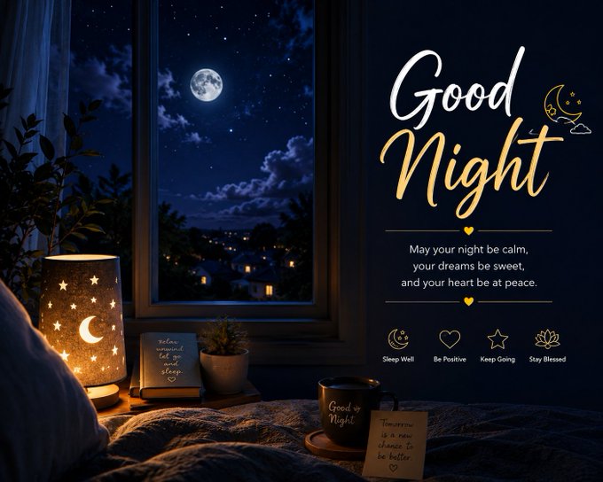 A cozy bedroom scene at night with a moonlit window view, a star-patterned lamp, and motivational text reading 'Good Night - May your night be calm, your dreams be sweet, and your heart be at peace.'