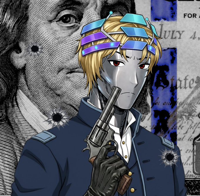 Anime-style illustration of a robotic-looking character with blonde hair and blue/purple headgear holding a revolver to his face, set against a background of dollar bill imagery with bullet holes.