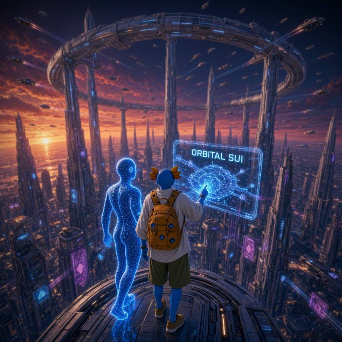 A digital artwork depicts a blue humanoid character with a yellow backpack standing alongside a glowing blue figure on a futuristic platform overlooking a sci-fi cityscape, interacting with a hologram labeled 'ORBITAL SUI'.