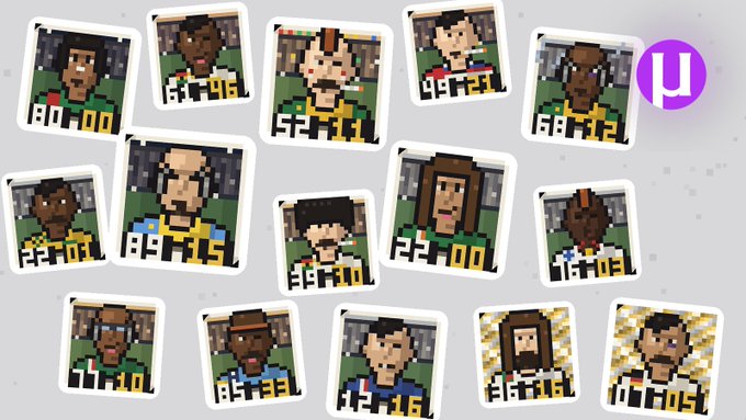 A collection of pixel art stickers featuring characters in green and yellow jerseys, including one with a brown hood and long hair, displayed against a gray background with a purple logo.
