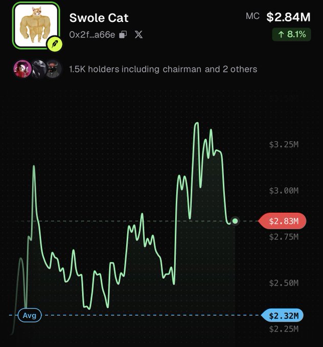 A digital asset or cryptocurrency chart for 'Swole Cat' showing a market cap (MC) of $2.84M, up 8.1%, with a green price chart line fluctuating between approximately $2.32M and $3.25M, held by 1.5K users.