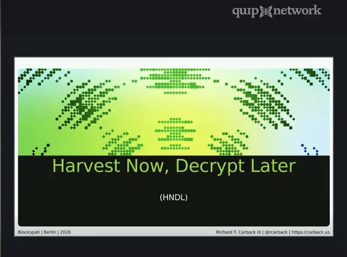 A presentation slide titled 'Harvest Now, Decrypt Later (HNDL)' from Blockspati Berlin 2026 by Richard T. Carback III, featuring a pixelated world map in green tones and the qup network logo.