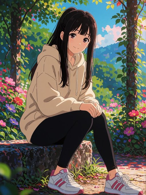 An anime-style illustration of a girl with long black hair wearing a beige hoodie, black leggings, and white sneakers with pink stripes, sitting in a colorful garden.