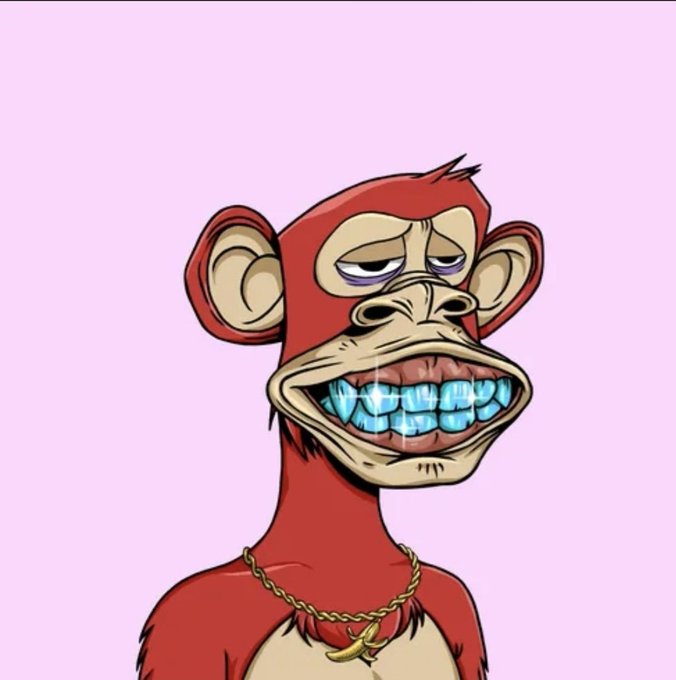 A cartoon illustration of a red monkey character wearing a gold banana necklace, with a relaxed expression, drool, and blue diamond-encrusted grills on its teeth against a pink background.
