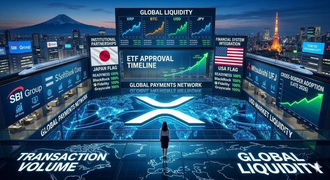 A futuristic digital billboard montage promoting XRP cryptocurrency with sections for 'GLOBAL LIQUIDITY', 'ETF APPROVAL TIMELINE', flags of Japan and USA, 'TRANSACTION VOLUME', and 'GLOBAL LIQUIDITY' charts, with a silhouette of a woman viewing the display.