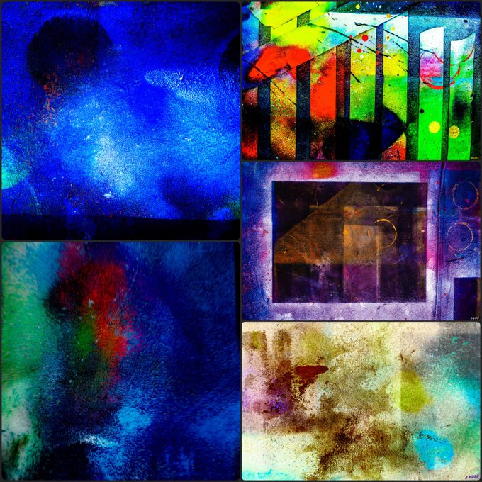 A vibrant collage of five abstract mixed-media paintings featuring bold splashes of blue, red, green, and yellow, with a small signature reading "J.MAR" visible in the bottom right corner. The kaleidoscopic, multi-paneled artwork visually conveys a sense of urgency and artistic vibrancy, complementing the post's message about a fading 3-day window to capture the moment.
