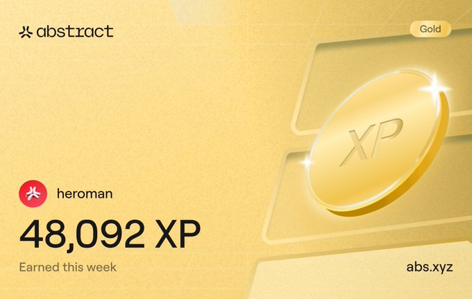 Abstract platform notification card in gold tier showing user 'heroman' earned 48,092 XP this week, branded with abs.xyz.