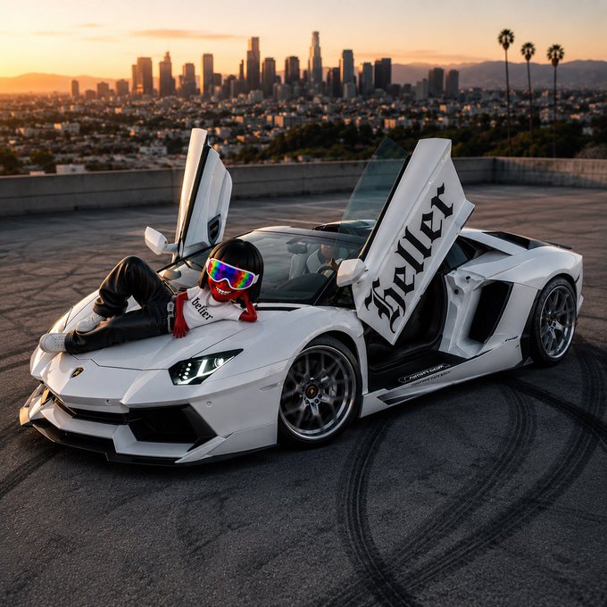 A customized white Lamborghini Aventador has the word 'Hella' written in black lettering on its open scissor doors, parked on a helipad at sunset with the Los Angeles skyline in the background.